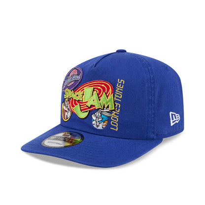 Space Jam Warner Brothers Space Jam Tune Squad Blue New Era 19TWENTY Cap, front view showing colourful Space Jam and Looney Tunes embroidery on the front panel, a 19TWENTY size sticker on the curved visor, and the New Era flag logo on the left side.