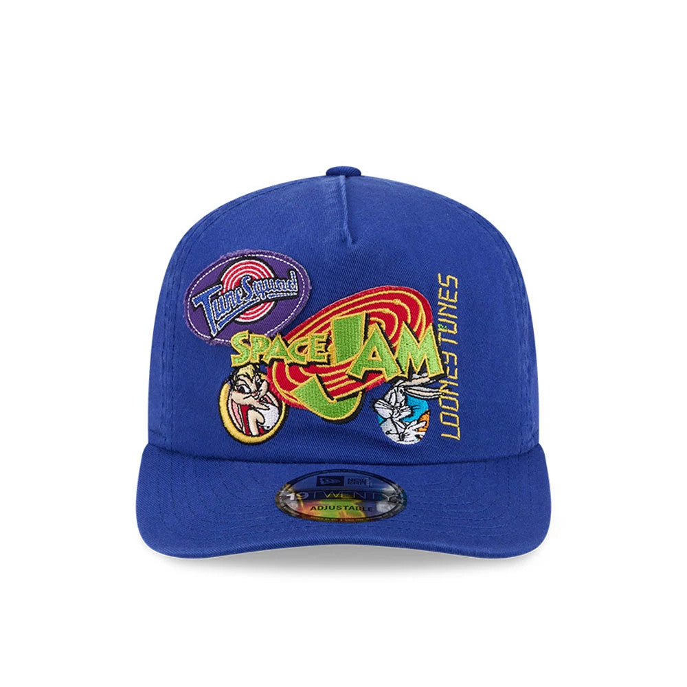 Space Jam Warner Brothers Space Jam Tune Squad Blue New Era 19TWENTY Cap, front view showing the embroidered Space Jam logo, Tune Squad patch, Looney Tunes lettering and Bugs Bunny graphic on the structured blue crown.