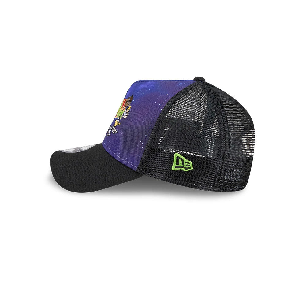 Space Jam Rivalry Black New Era 9FORTY A-Frame Trucker Adjustable Cap, side view showing a green New Era flag logo on the black mesh side panels, a purple space-themed front panel, and a black curved visor.