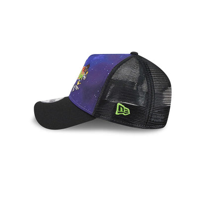 Space Jam Rivalry Black New Era 9FORTY A-Frame Trucker Adjustable Cap, side view showing a green New Era flag logo on the black mesh side panels, a purple space-themed front panel, and a black curved visor.