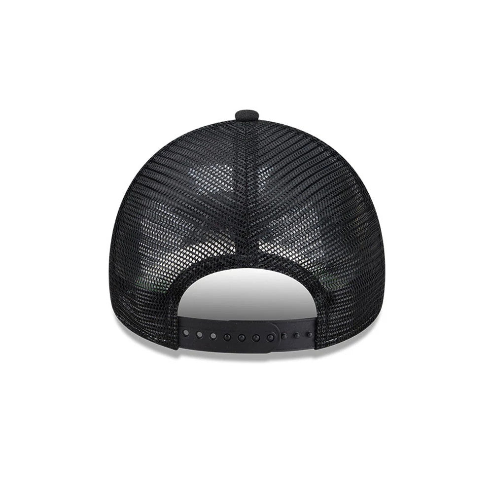 Space Jam Rivalry Black New Era 9FORTY A-Frame Trucker Adjustable Cap, rear view showing the black mesh back panels, black adjustable snap closure, and curved black visor partially at the bottom.