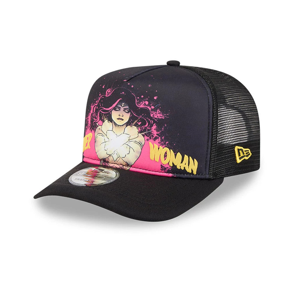 Womens DC Wonder Woman Black New Era 9FIFTY A-Frame Snapback Adjustable Cap, three-quarter view showing a graphic of Wonder Woman with glowing wrists on the front panel, yellow side logo, and a 9FIFTY size sticker on the black visor.