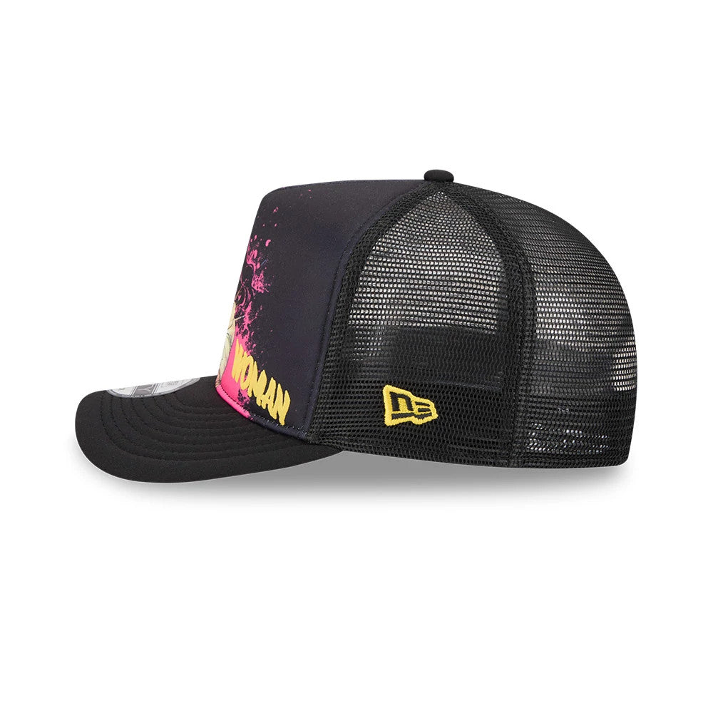 Womens DC Wonder Woman Black New Era 9FIFTY A-Frame Snapback Adjustable Cap, side view showing the yellow embroidered New Era flag logo on the black mesh panels, with a curved visor and Wonder Woman graphics on the front panel.