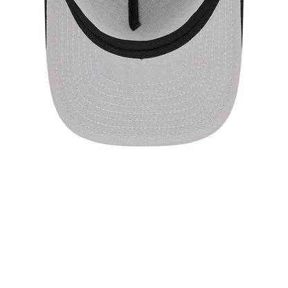 Womens DC Wonder Woman Black New Era 9FIFTY A-Frame Snapback Adjustable Cap, inside view showing the black sweatband, grey undervisor with parallel stitching, and black taping running through the centre of the structured cap.