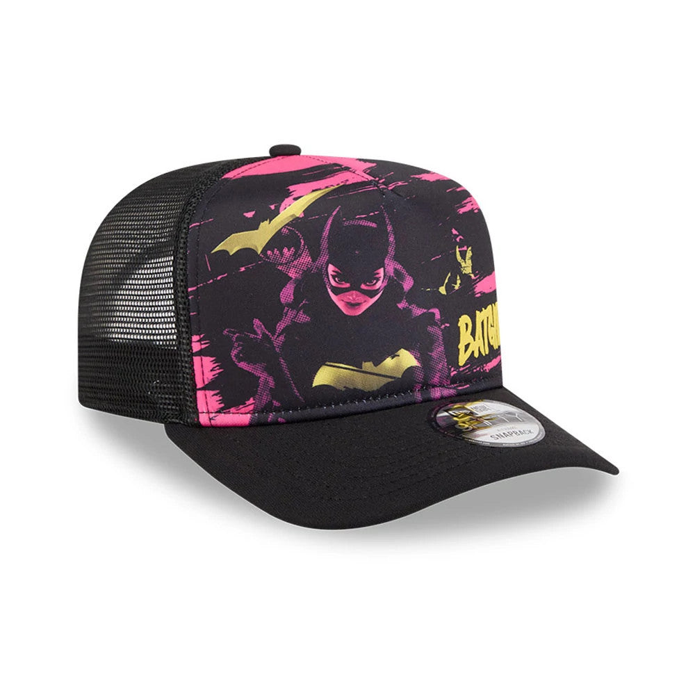 Womens DC Batgirl Black New Era 9FIFTY A-Frame Snapback Adjustable Cap, three-quarter view showing pink and yellow Batgirl graphics on the front panel, black mesh rear panels, and a black curved visor with a 9FIFTY size sticker.
