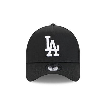 Dodgers MLB Cooperstown Anniversary Black New Era 9FORTY A-Frame Adjustable Cap, front view showing the raised white embroidered LA logo on the structured black crown, with a black curved visor and a 9FORTY size sticker on the underside.
