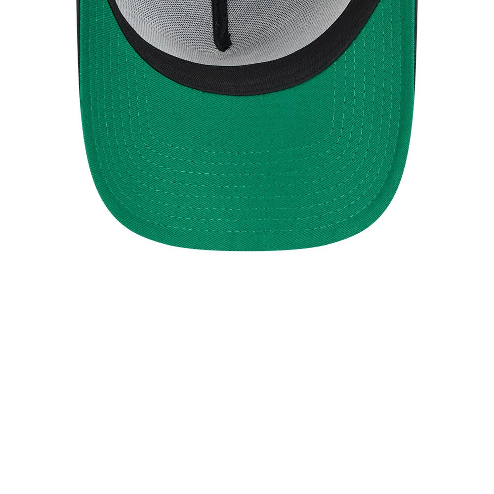 Dodgers MLB Cooperstown Anniversary Black New Era 9FORTY A-Frame Adjustable Cap, inside view showing a green undervisor, black interior taping along the seams, and a black sweatband for added comfort and style.
