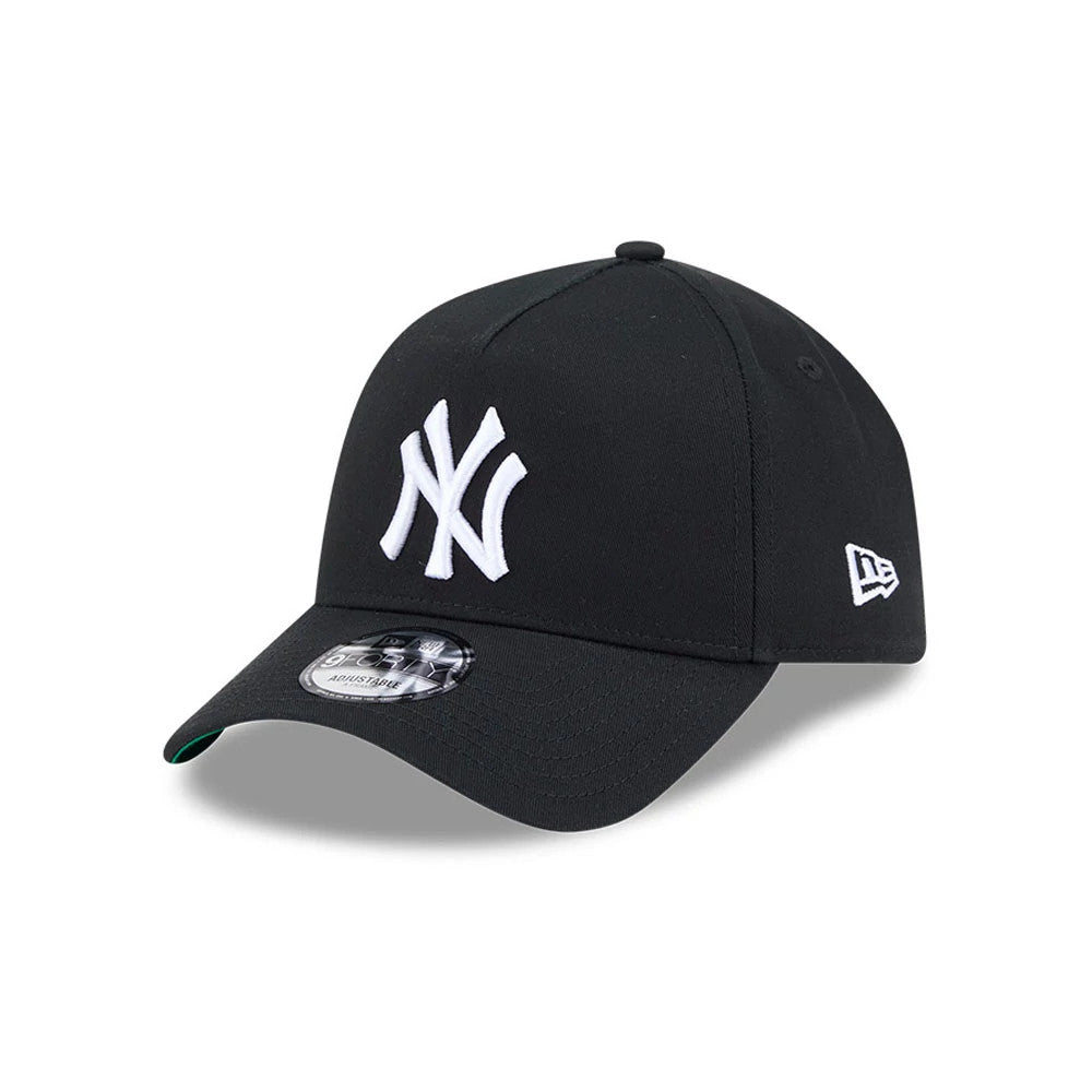 Yankees MLB Cooperstown Anniversary Black New Era 9FORTY A-Frame Adjustable Cap, front view showing the white NY logo in raised embroidery on the structured black crown, with a curved black visor and a 9FORTY size sticker.
