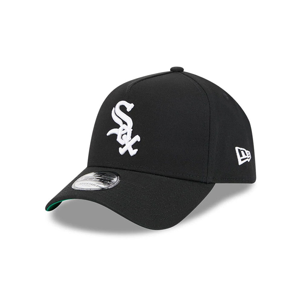 White Sox MLB Cooperstown Anniversary Black New Era 9FORTY A-Frame Adjustable Cap, three-quarter view showing the raised white Sox embroidered logo on the front panel, curved black visor with a 9FORTY size sticker.