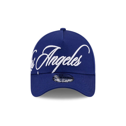 LA Dodgers MLB Calligraphy Dark Blue New Era 9FORTY A-Frame Adjustable Cap, front view showing raised white script 'Los Angeles' embroidery across the entire dark blue crown, with a pre-curved visor and clear 9FORTY size sticker.