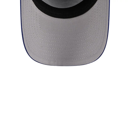 LA Dodgers MLB Calligraphy Dark Blue New Era 9FORTY A-Frame Adjustable Cap, inside view showing the grey undervisor with stitching patterns, a black sweatband around the interior, and dark blue from the cap's exterior edge.