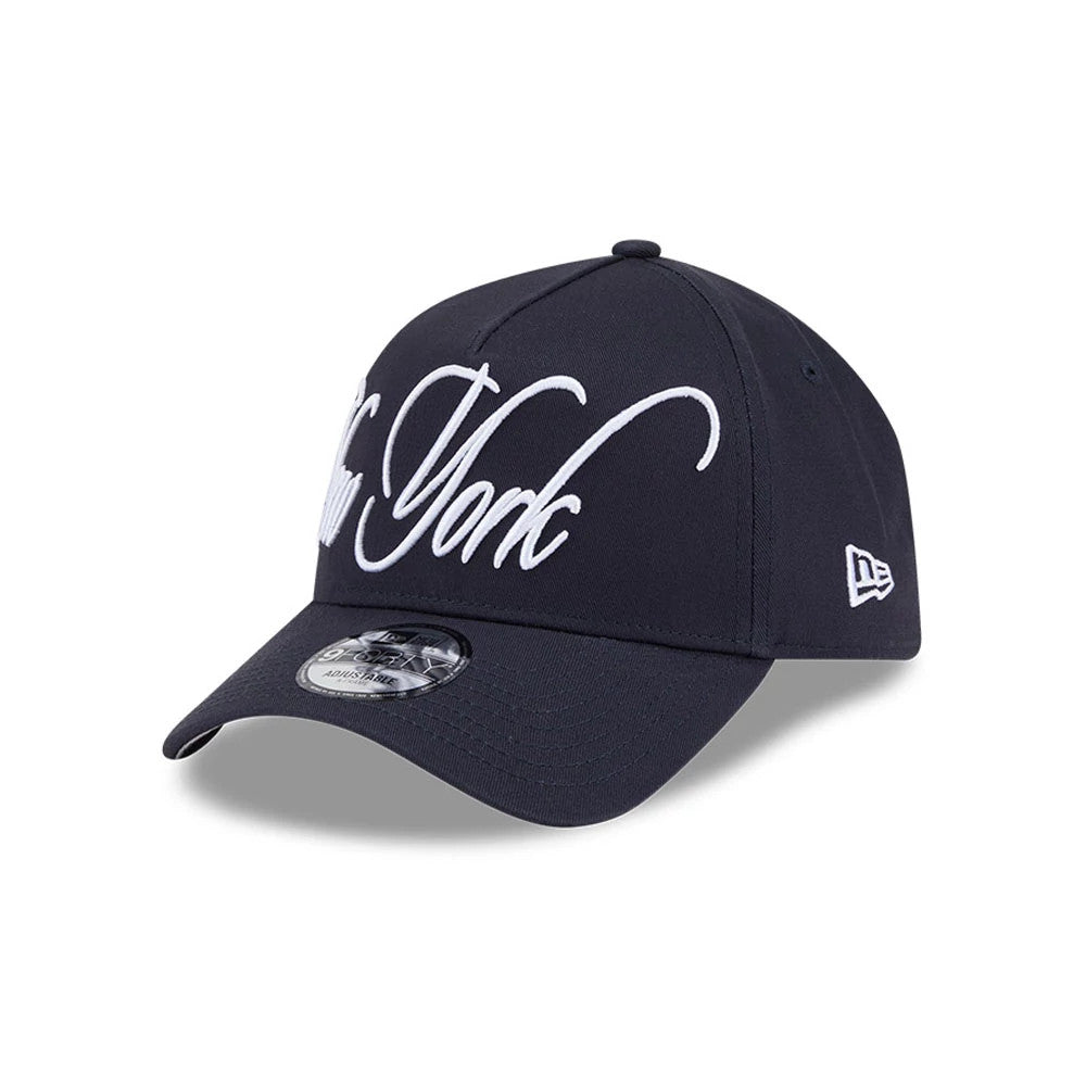 Pictured is this MLB Calligraphy New York Yankees 9FORTY A-Frame cap in navy. 4