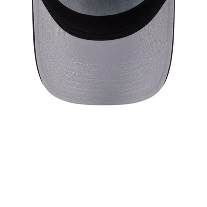 New York Yankees MLB Calligraphy Navy New Era 9FORTY A-Frame Adjustable Cap, inside view showing the grey fabric undervisor, black headband seam, and light grey taping across the interior of the crown.