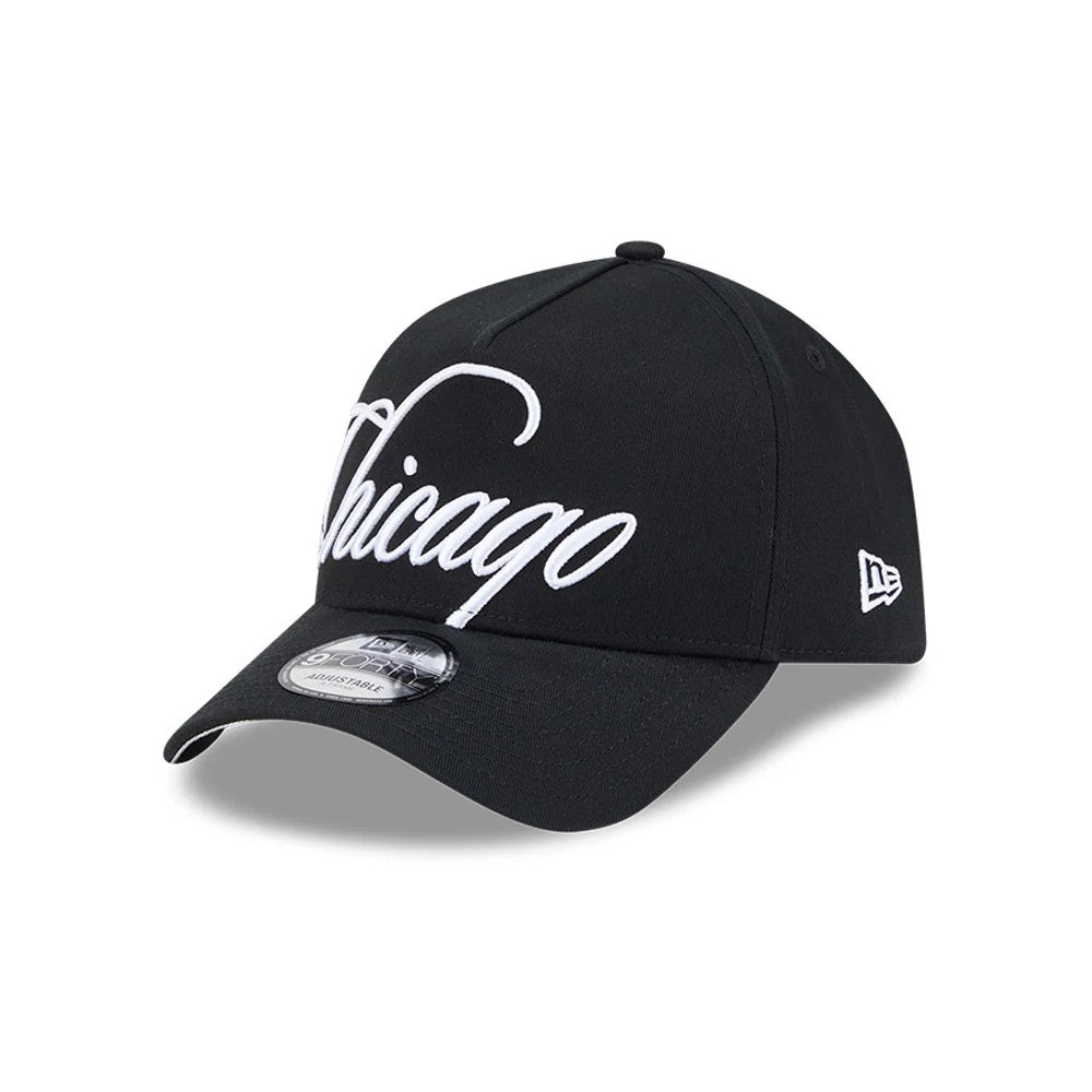 Chicago White Sox MLB Calligraphy Black New Era 9FORTY A-Frame Adjustable Cap, front view showing the raised white embroidered Chicago script on the structured black crown, curved black visor with 9FORTY size sticker.