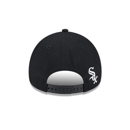 Chicago White Sox MLB Calligraphy Black New Era 9FORTY A-Frame Adjustable Cap, rear view showing the embroidered white Sox logo on the right back panel, with an adjustable black plastic strap and two eyelets on the structured black crown.