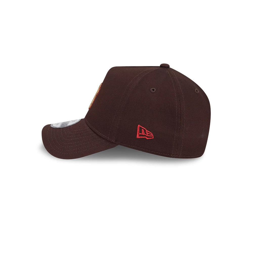 New York Yankees MLB Choc Cherry Dark Brown New Era 9FORTY A-Frame Adjustable Cap, side view showing the red embroidered New Era flag logo on the left side, structured dark brown crown with matching brown eyelets.