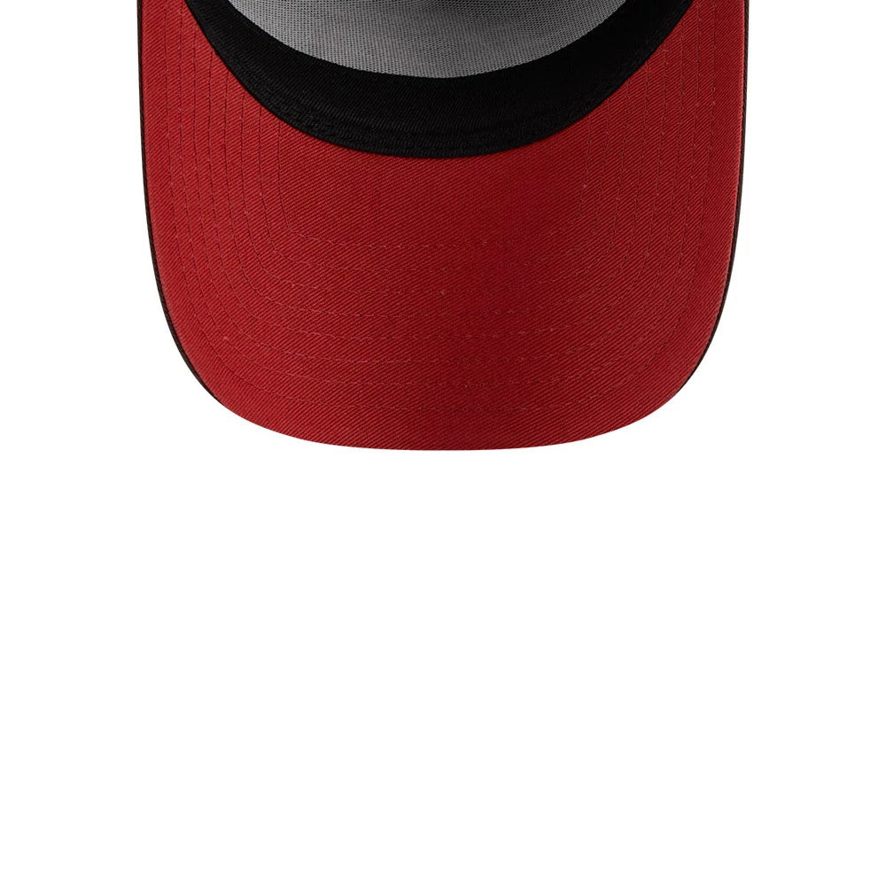 LA Rams NFL Choc Cherry Dark Brown New Era 9FORTY A-Frame Adjustable Cap, inside view showing a light grey undervisor and a black sweatband beneath a red curved visor, highlighting the quality stitching on the cap's interior panels.