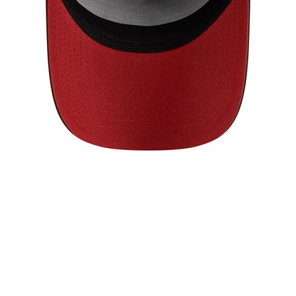 LA Rams NFL Choc Cherry Dark Brown New Era 9FORTY A-Frame Adjustable Cap, inside view showing a light grey undervisor and a black sweatband beneath a red curved visor, highlighting the quality stitching on the cap's interior panels.