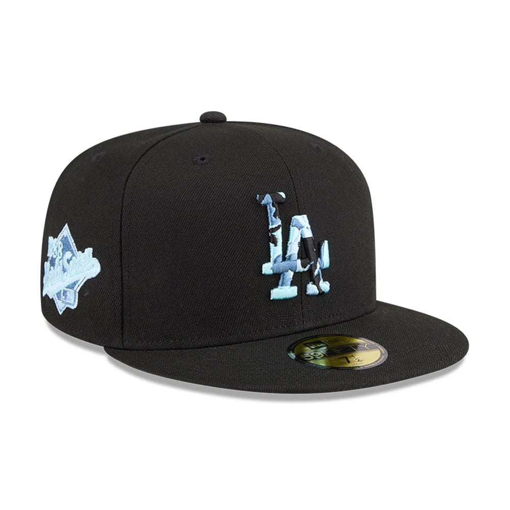 Pictured is this MLB Camo Infill LA Dodgers 59FIFTY Fitted cap in black. 1