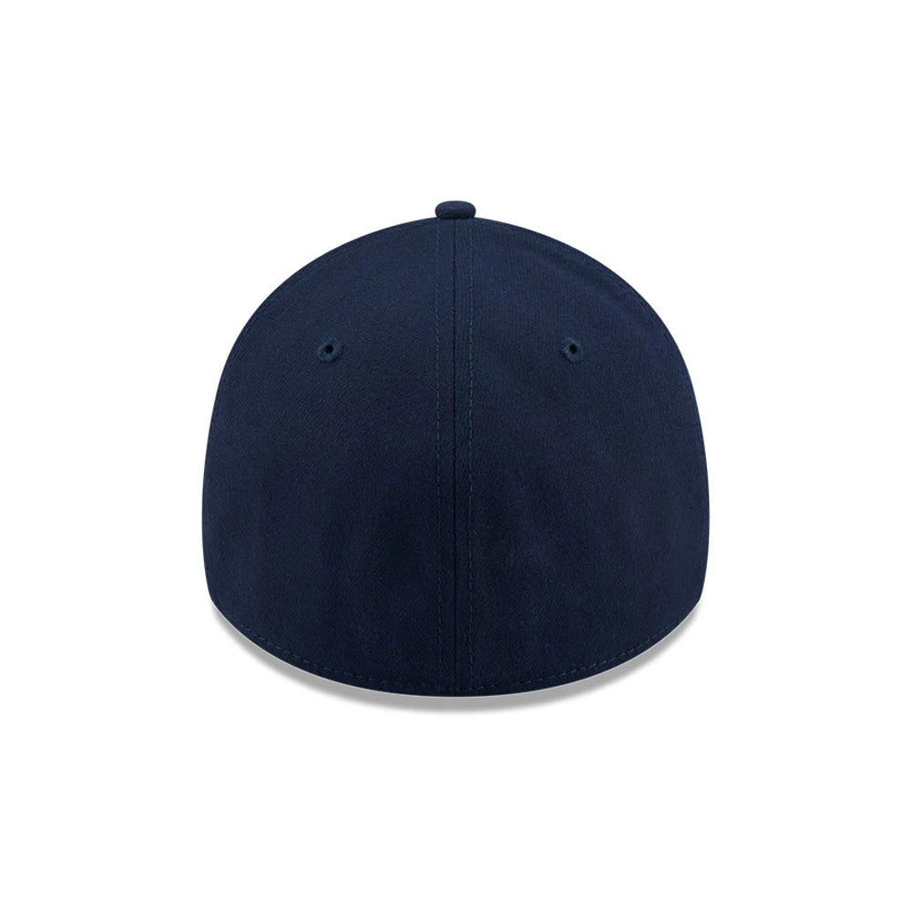LA Dodgers MLB Faded Oceanside Dark Blue New Era 39THIRTY Stretch Fit Cap, rear view showing a seamless dark blue back with no logo, curved panels, and small ventilation eyelets on the crown.