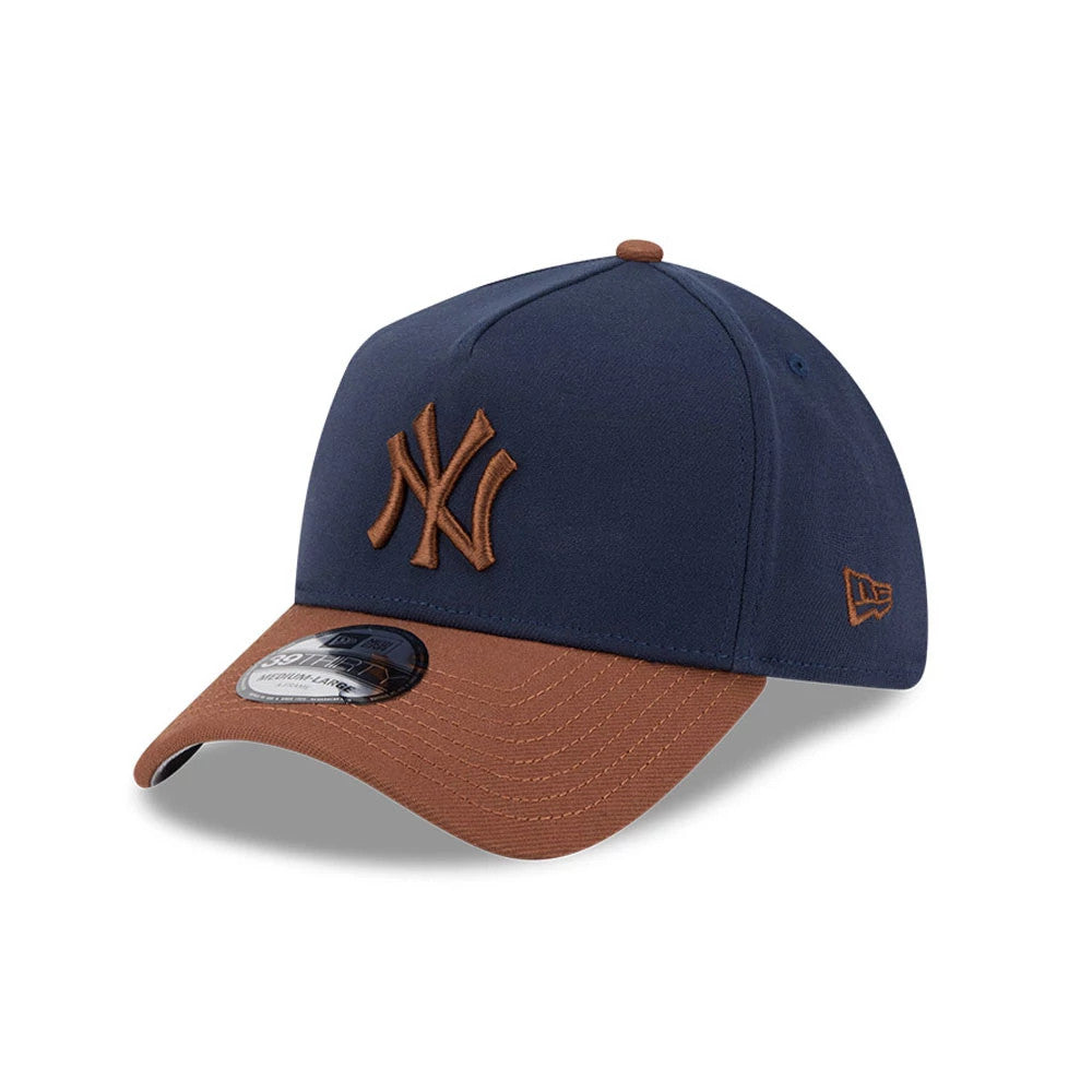 Pictured is this MLB Blueberry Tiramisu New York Yankees 39THIRTY A-Frame Stretch Fit cap in navy & brown. 1