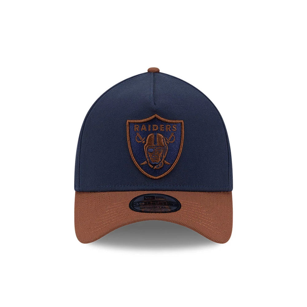 Pictured is this NFL Blueberry Tiramisu Las Vegas Raiders 39THIRTY A-Frame Stretch Fit cap in navy & brown. 3