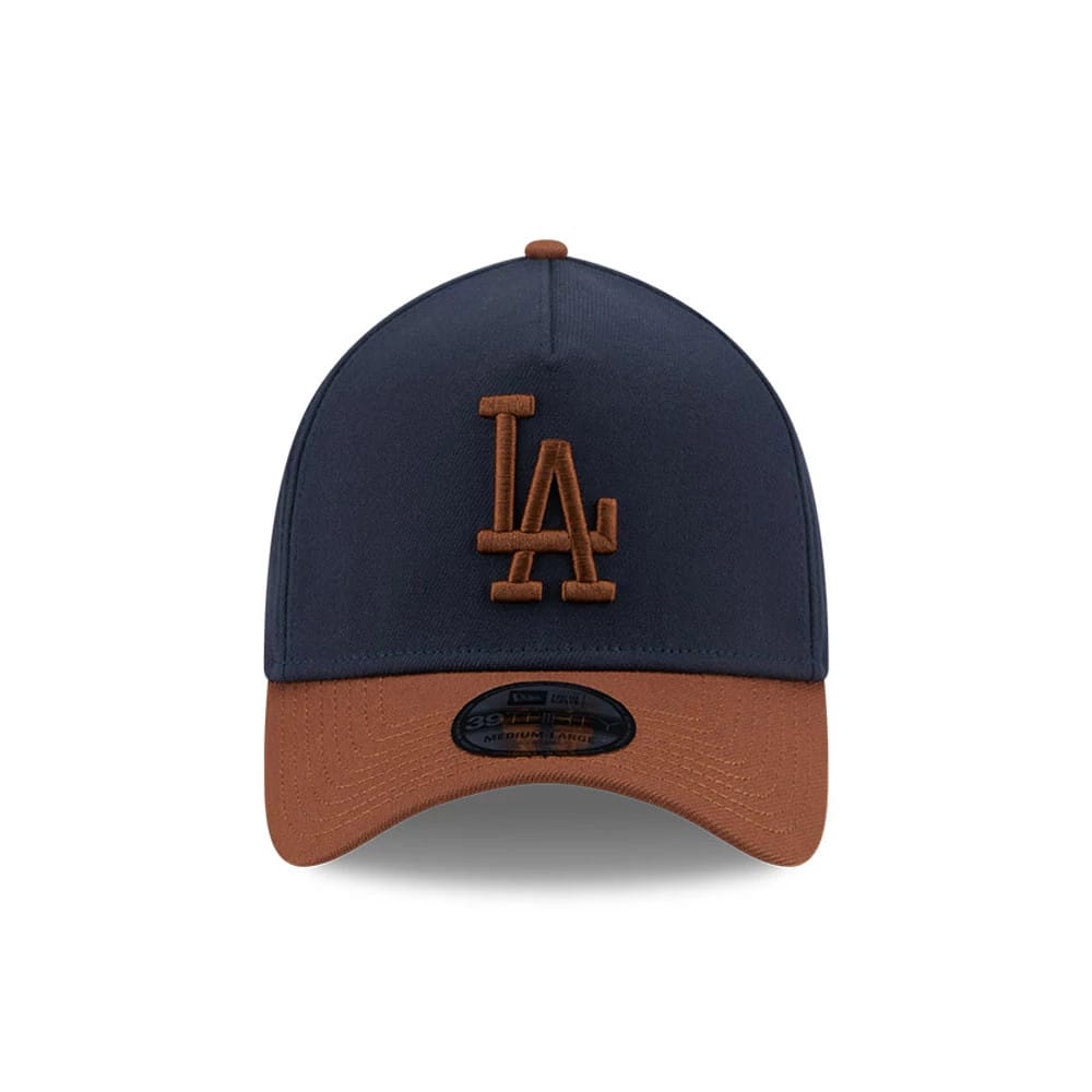 Pictured is this MLB Blueberry Tiramisu LA Dodgers 39THIRTY A-Frame Stretch Fit cap in navy & brown. 3