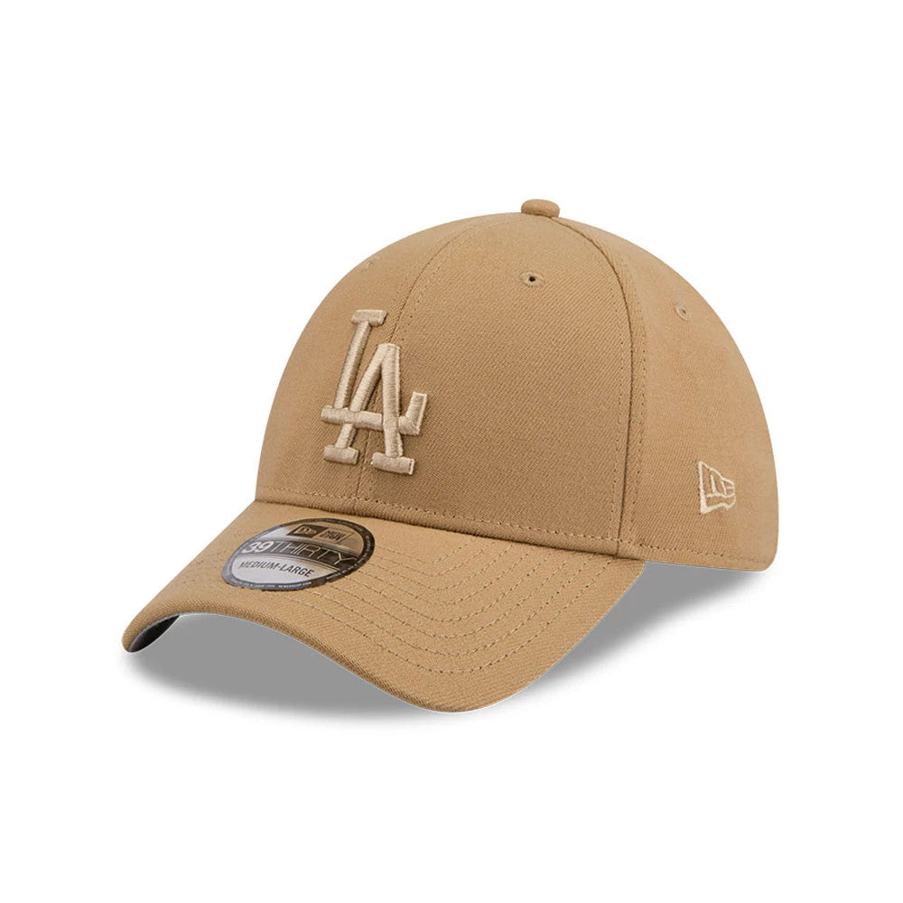 Pictured is this MLB LA Dodgers 39THIRTY Stretch Fit cap in beige. 1