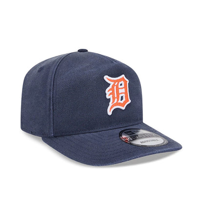 Detroit Tigers MLB Duck Canvas Navy New Era 19TWENTY Adjustable Cap, three-quarter view showing the orange embroidered Tigers logo on the front panel, a dark navy structured crown, and a black 19TWENTY size sticker on the slightly curved visor.