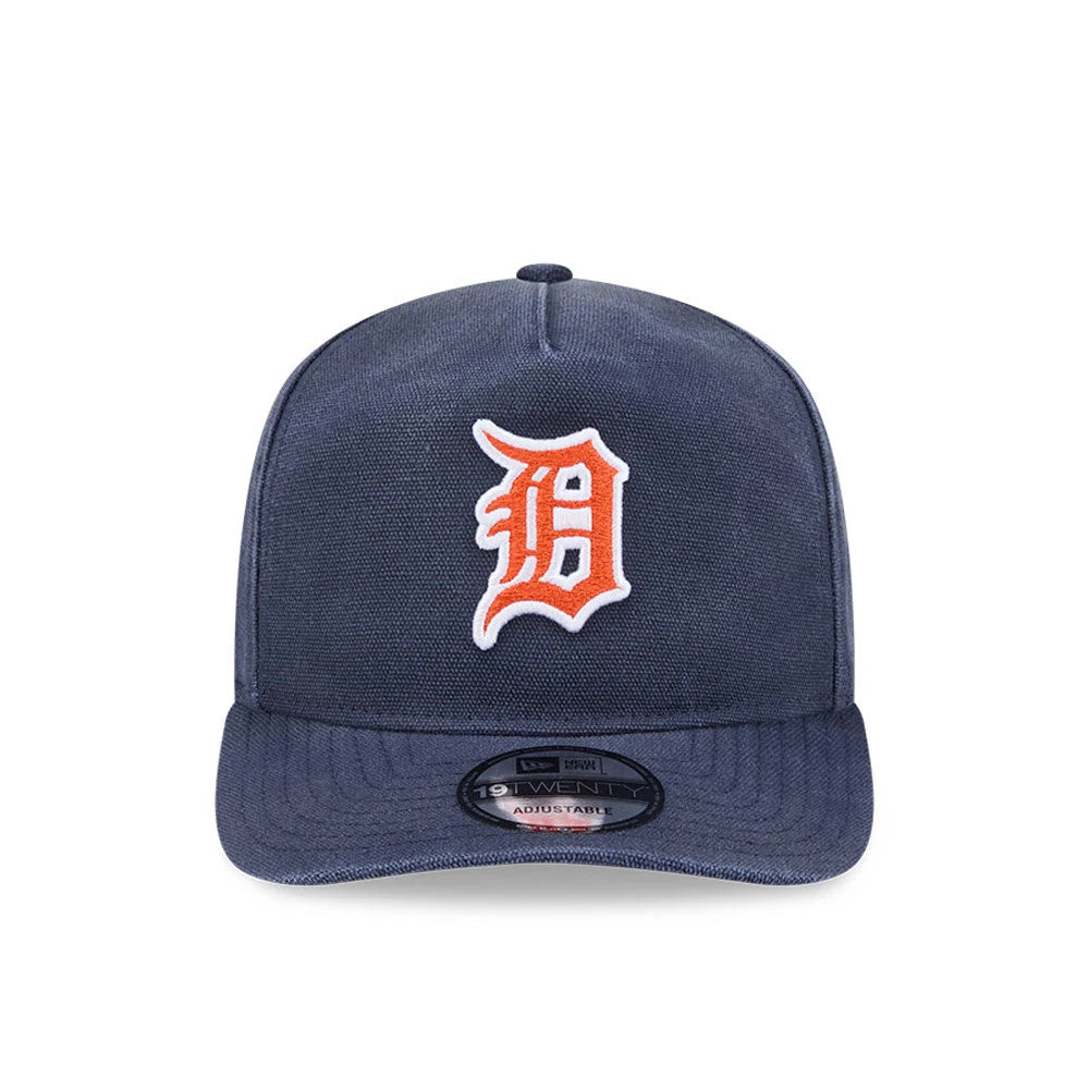 Detroit Tigers MLB Duck Canvas Navy New Era 19TWENTY Adjustable Cap, front view showing the orange and white embroidered team logo on the front panel, with a navy visor and a 19TWENTY size sticker on the visor.
