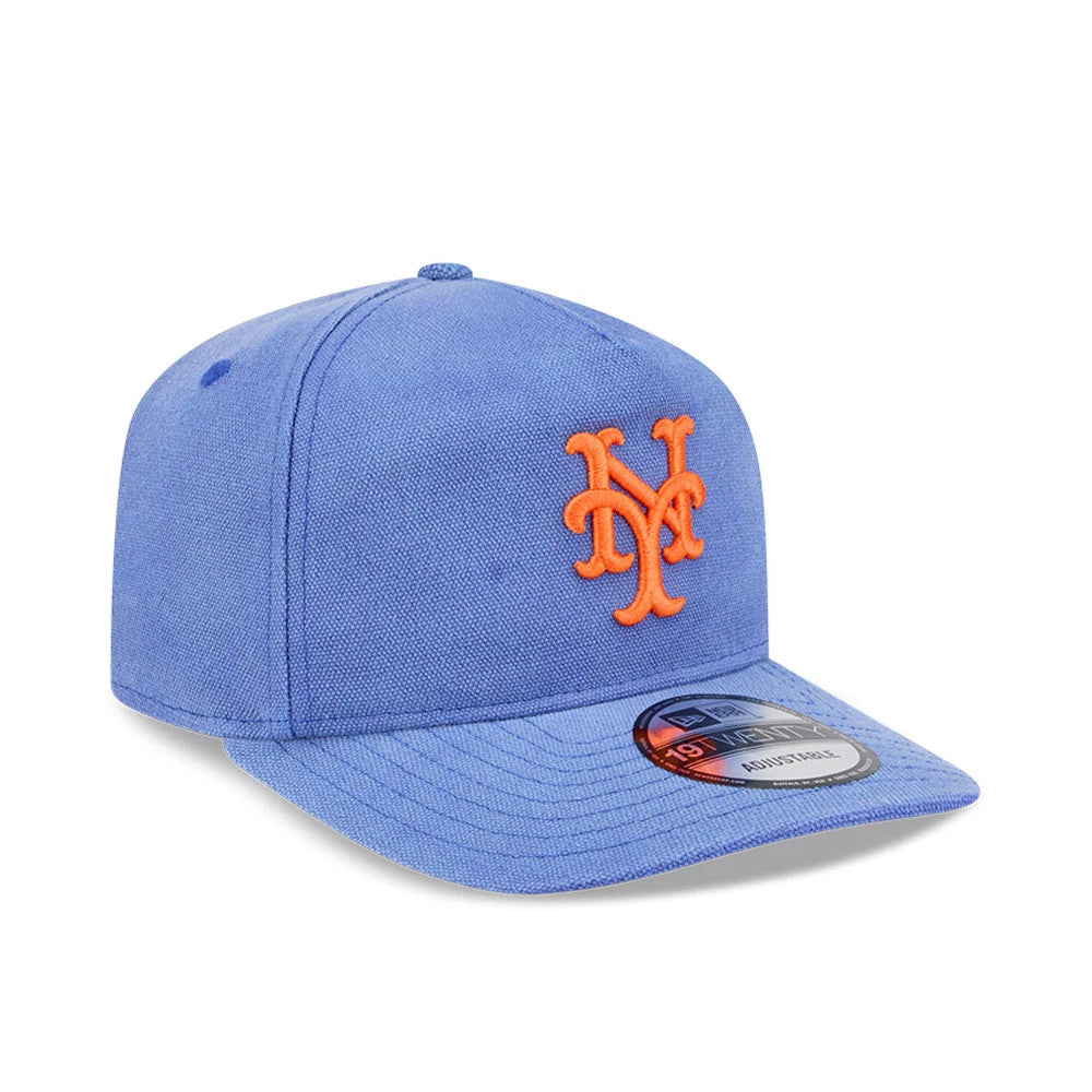 New York Mets MLB Duck Canvas Pastel Blue New Era 19TWENTY Adjustable Cap, three-quarter view showing an orange raised embroidered NY logo on the front panel, a flat pastel blue visor, and a 19TWENTY size sticker on the visor.