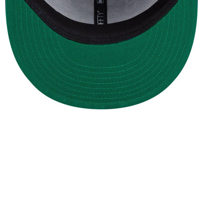 LA Dodgers MLB Cooperstown Throwback Blue New Era 9FIFTY Snapback Adjustable Cap, inside view showing the black sweatband, grey crown lining, and green undervisor with a 9FIFTY tag attached to the inner sweatband.