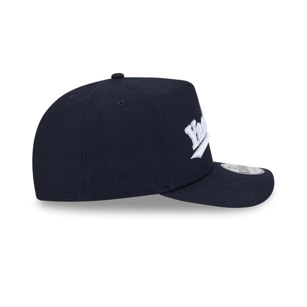 Pictured is this MLB Cooperstown Pennant Script New York Yankees 9FIFTY A-Frame Snapback cap in navy. 3