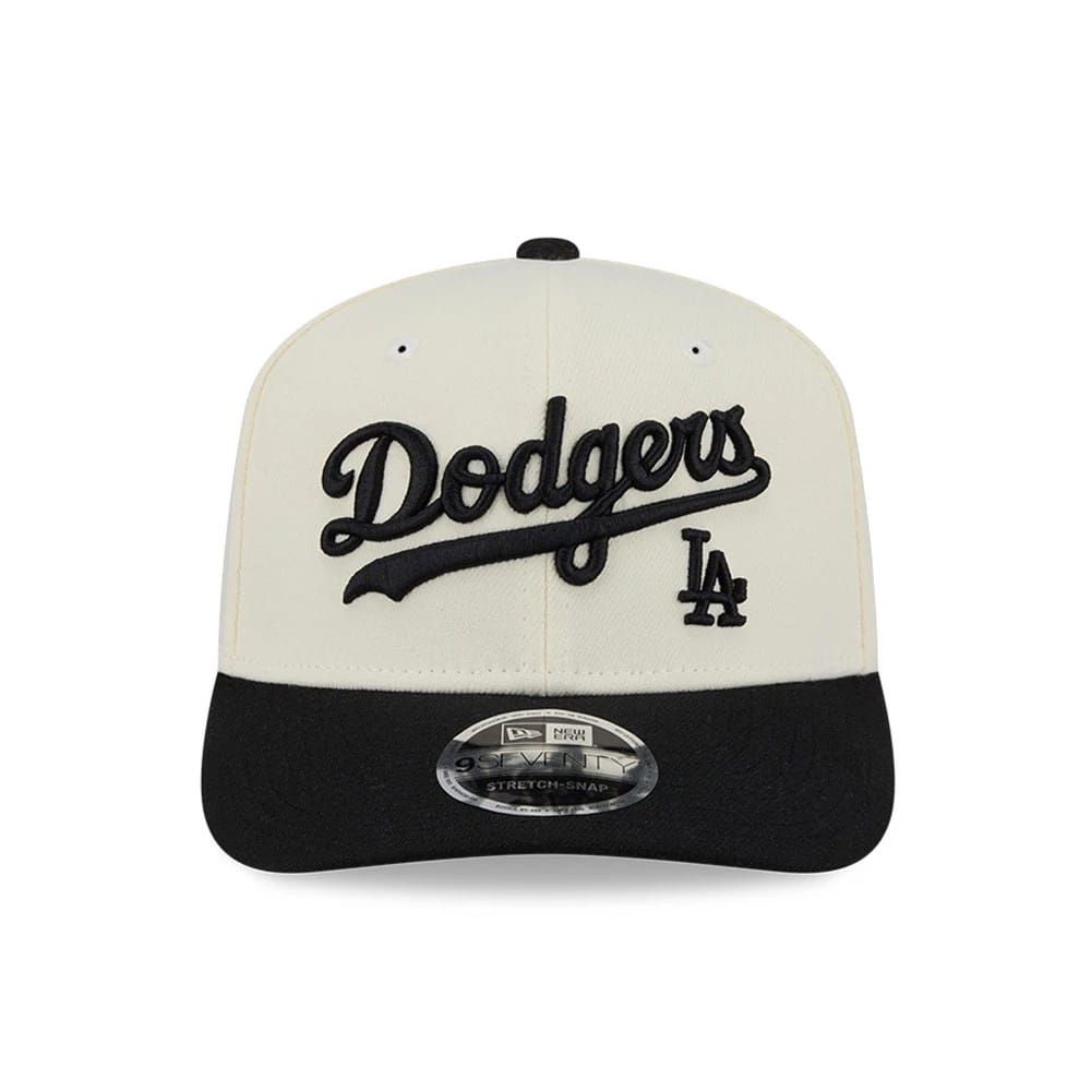 Pictured is this MLB 2 Tone LA Dodgers 9SEVENTY Stretch Snap cap in cream & black. 3