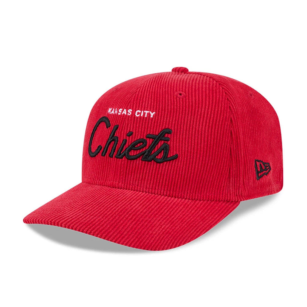 Pictured is this NFL Cord Script Kansas City Chiefs 9SEVENTY Stretch Snap cap in red. 1