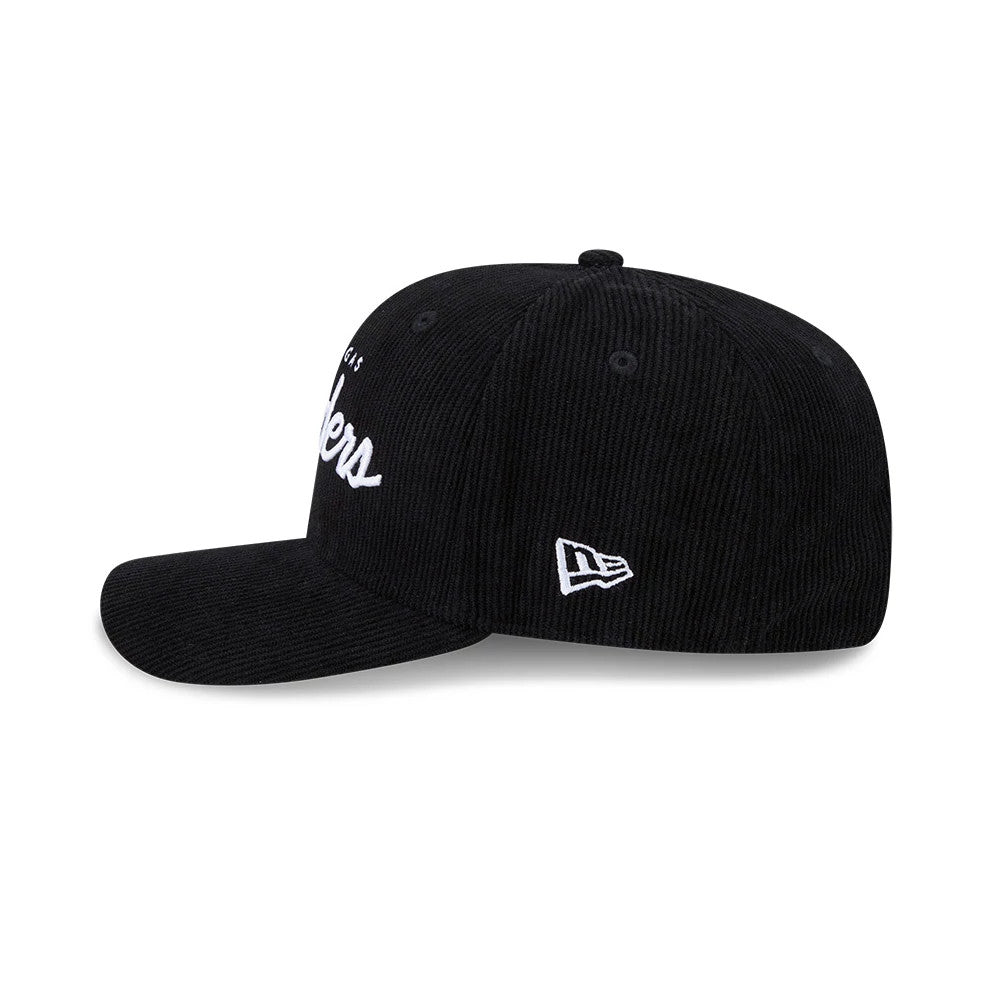 Pictured is this NFL Cord Script Las Vegas Raiders 9SEVENTY Stretch Snap cap in black. 5