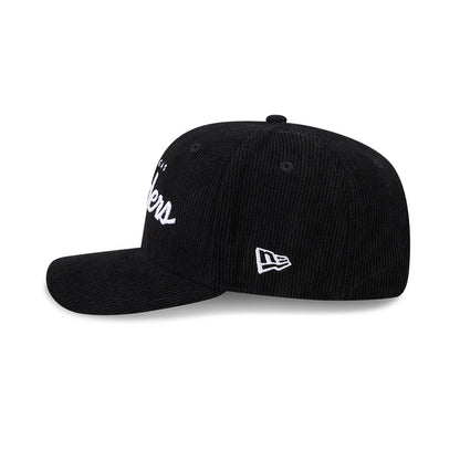 Pictured is this NFL Cord Script Las Vegas Raiders 9SEVENTY Stretch Snap cap in black. 5