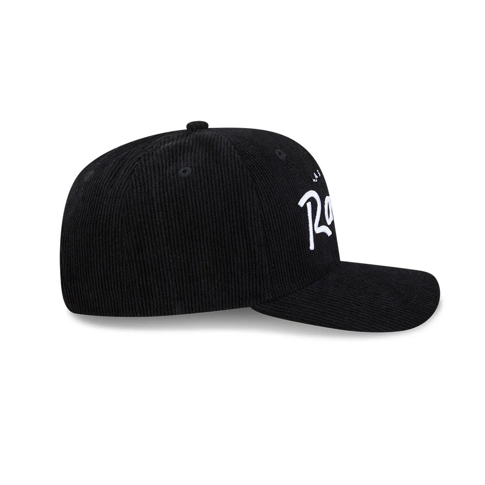 Pictured is this NFL Cord Script Las Vegas Raiders 9SEVENTY Stretch Snap cap in black. 6