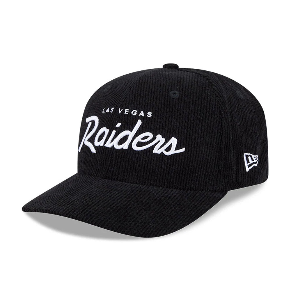 Pictured is this NFL Cord Script Las Vegas Raiders 9SEVENTY Stretch Snap cap in black. 1