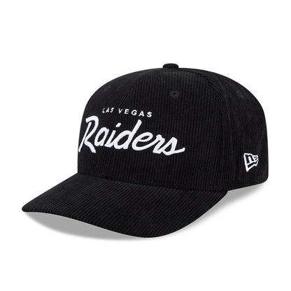 Pictured is this NFL Cord Script Las Vegas Raiders 9SEVENTY Stretch Snap cap in black. 1