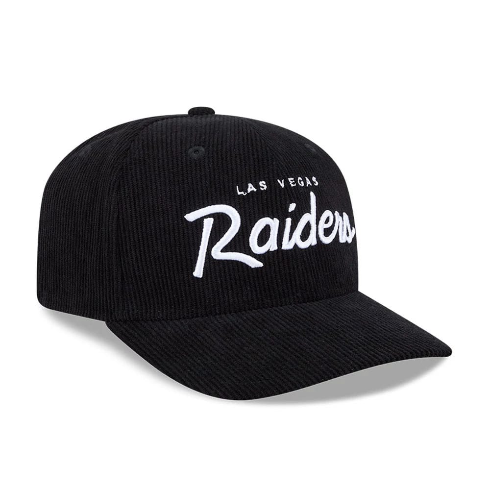 Pictured is this NFL Cord Script Las Vegas Raiders 9SEVENTY Stretch Snap cap in black. 4