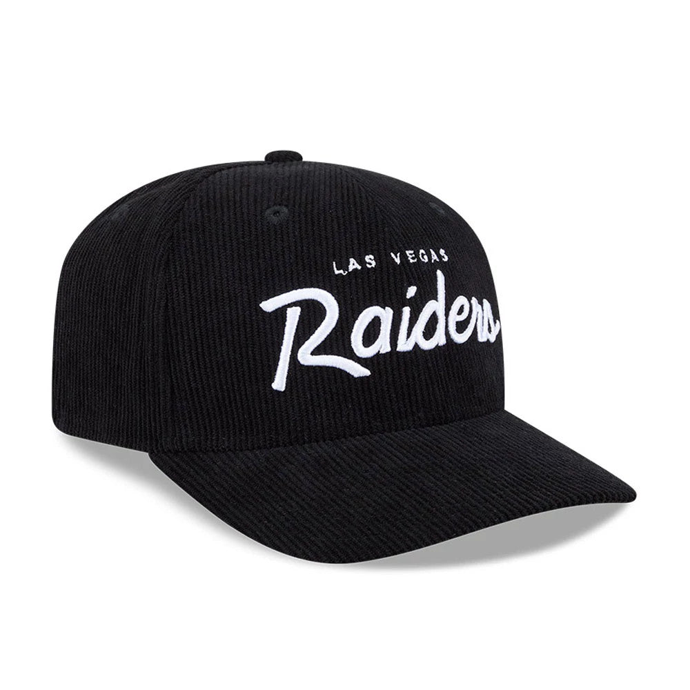 Pictured is this NFL Cord Script Las Vegas Raiders 9SEVENTY Stretch Snap cap in black. 4