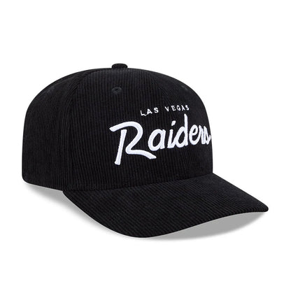 Pictured is this NFL Cord Script Las Vegas Raiders 9SEVENTY Stretch Snap cap in black. 4