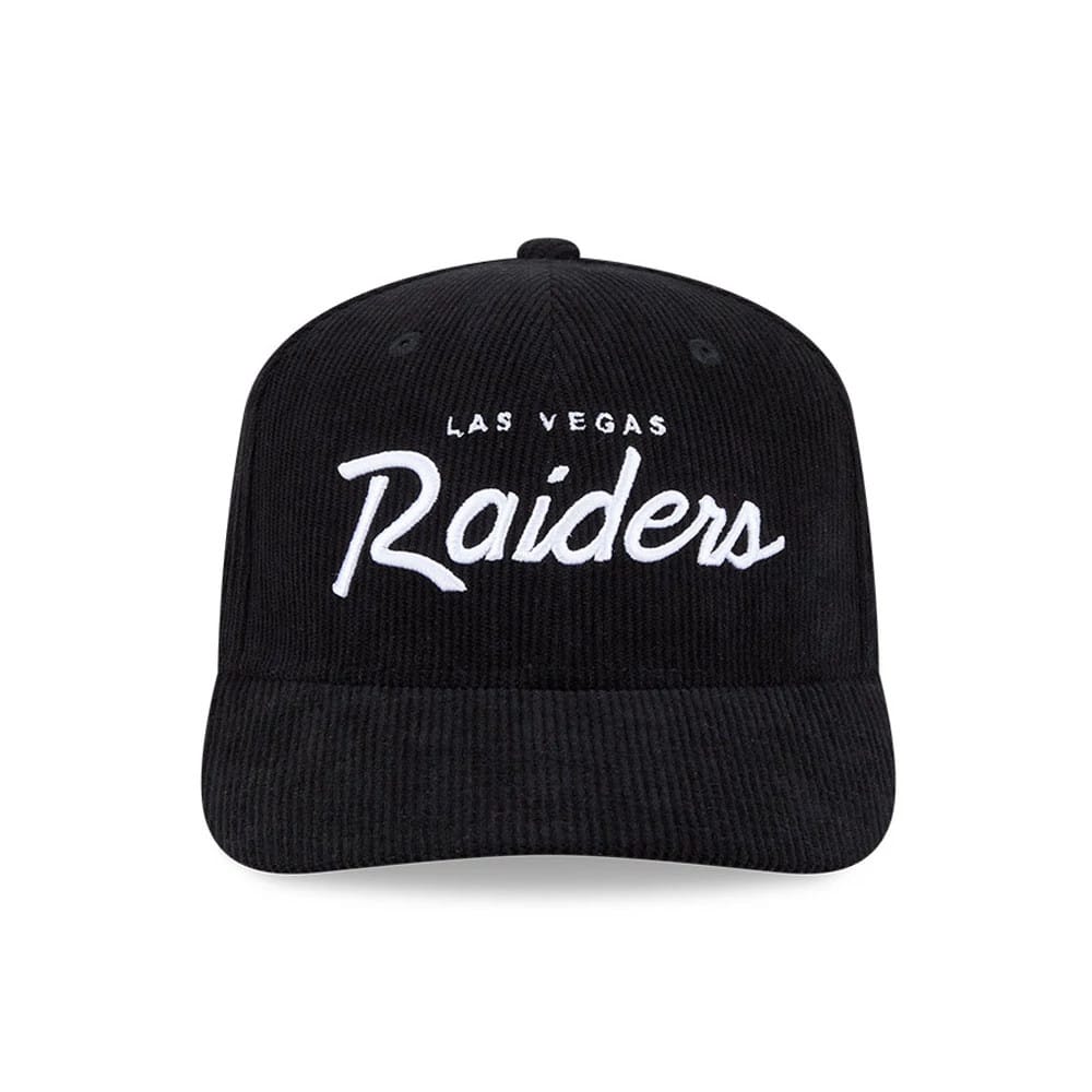 Pictured is this NFL Cord Script Las Vegas Raiders 9SEVENTY Stretch Snap cap in black. 3