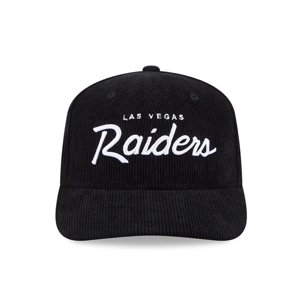 Pictured is this NFL Cord Script Las Vegas Raiders 9SEVENTY Stretch Snap cap in black. 3