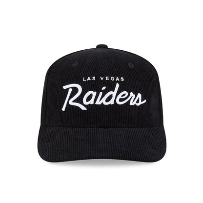 Pictured is this NFL Cord Script Las Vegas Raiders 9SEVENTY Stretch Snap cap in black. 3