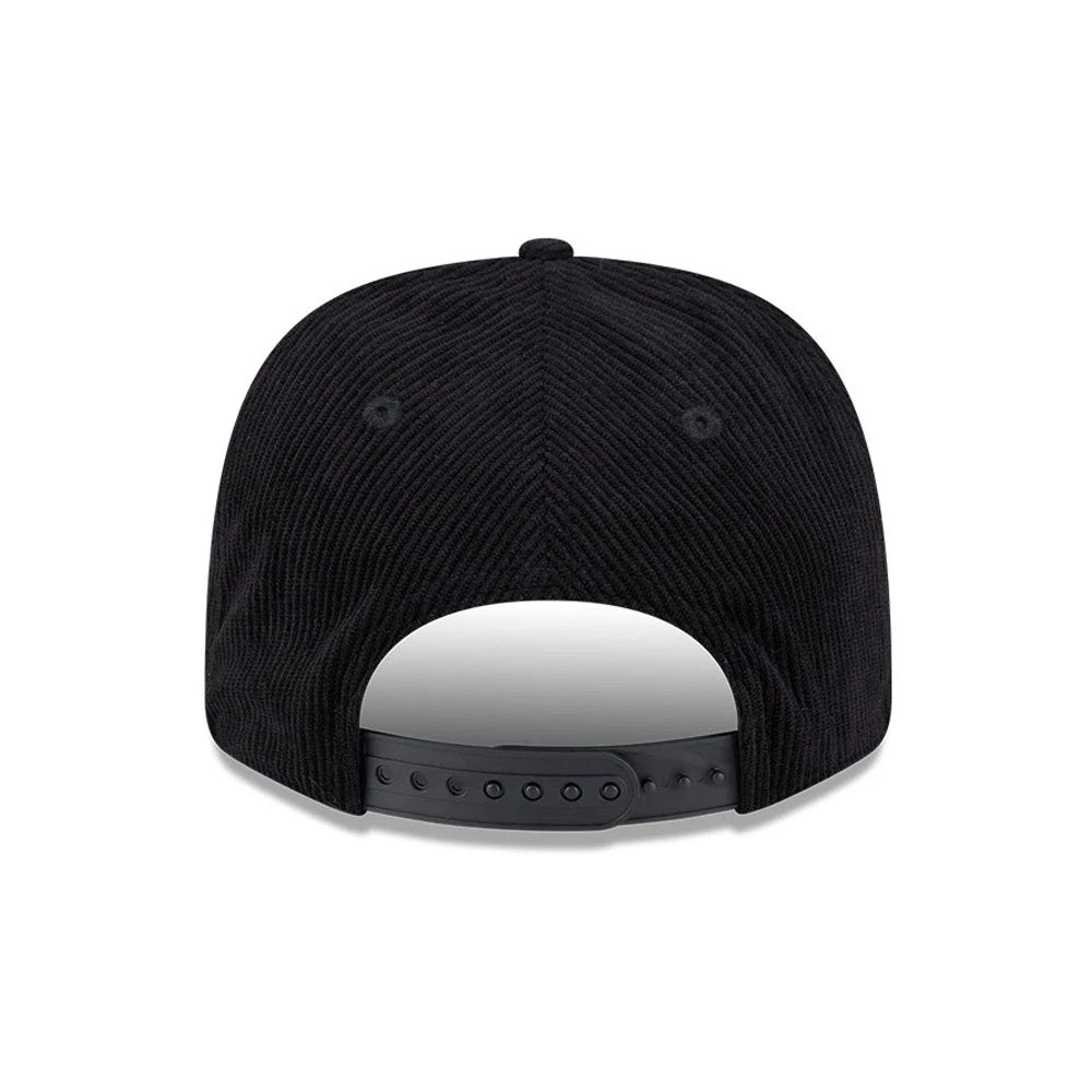 Pictured is this NFL Cord Script Las Vegas Raiders 9SEVENTY Stretch Snap cap in black. 7