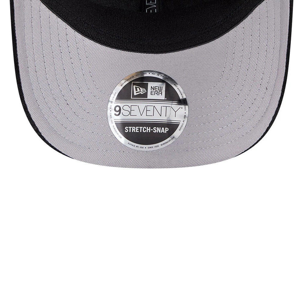 Pictured is this NFL Cord Script Las Vegas Raiders 9SEVENTY Stretch Snap cap in black. 2