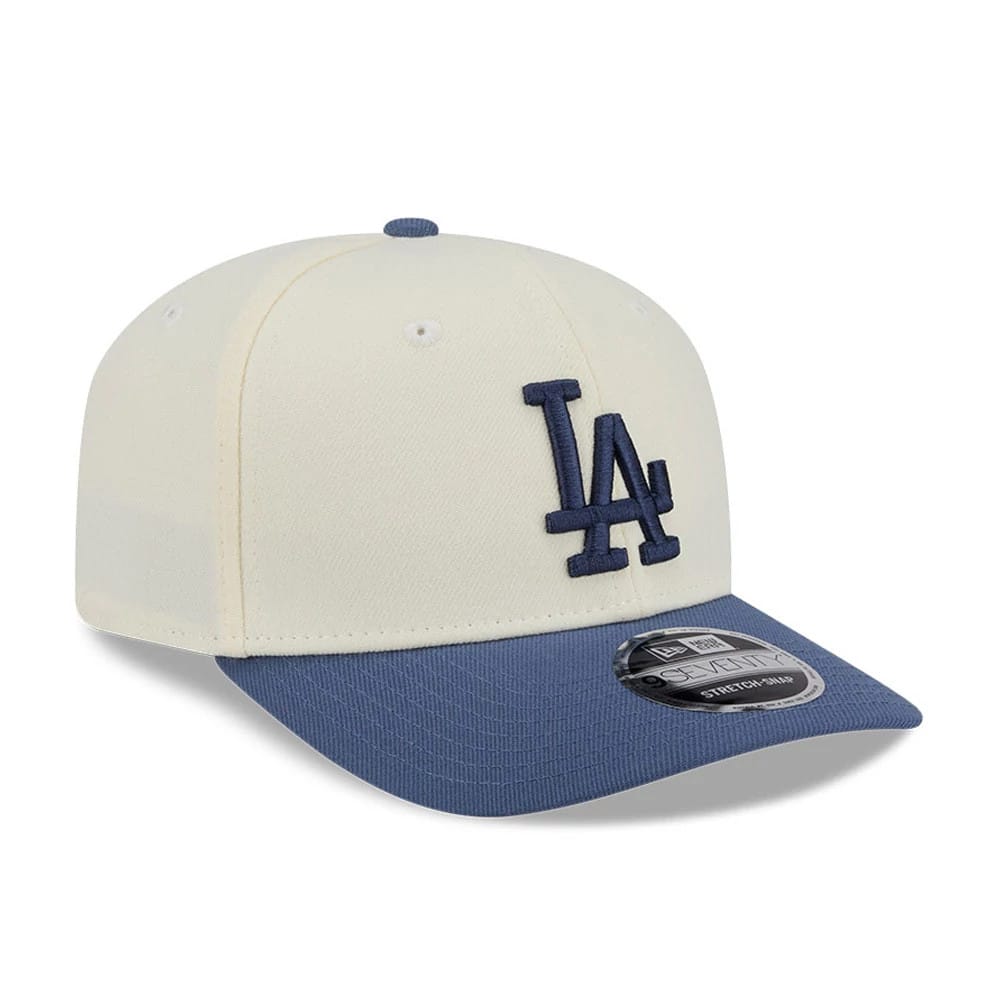 Pictured is this MLB Slate Stone LA Dodgers 9SEVENTY Stretch Snap cap in cream & dark blue. 4