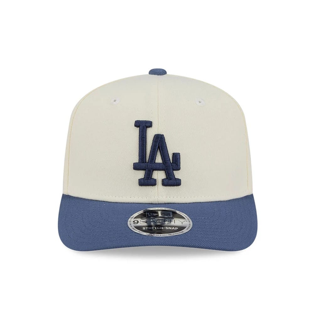 Pictured is this MLB Slate Stone LA Dodgers 9SEVENTY Stretch Snap cap in cream & dark blue. 3